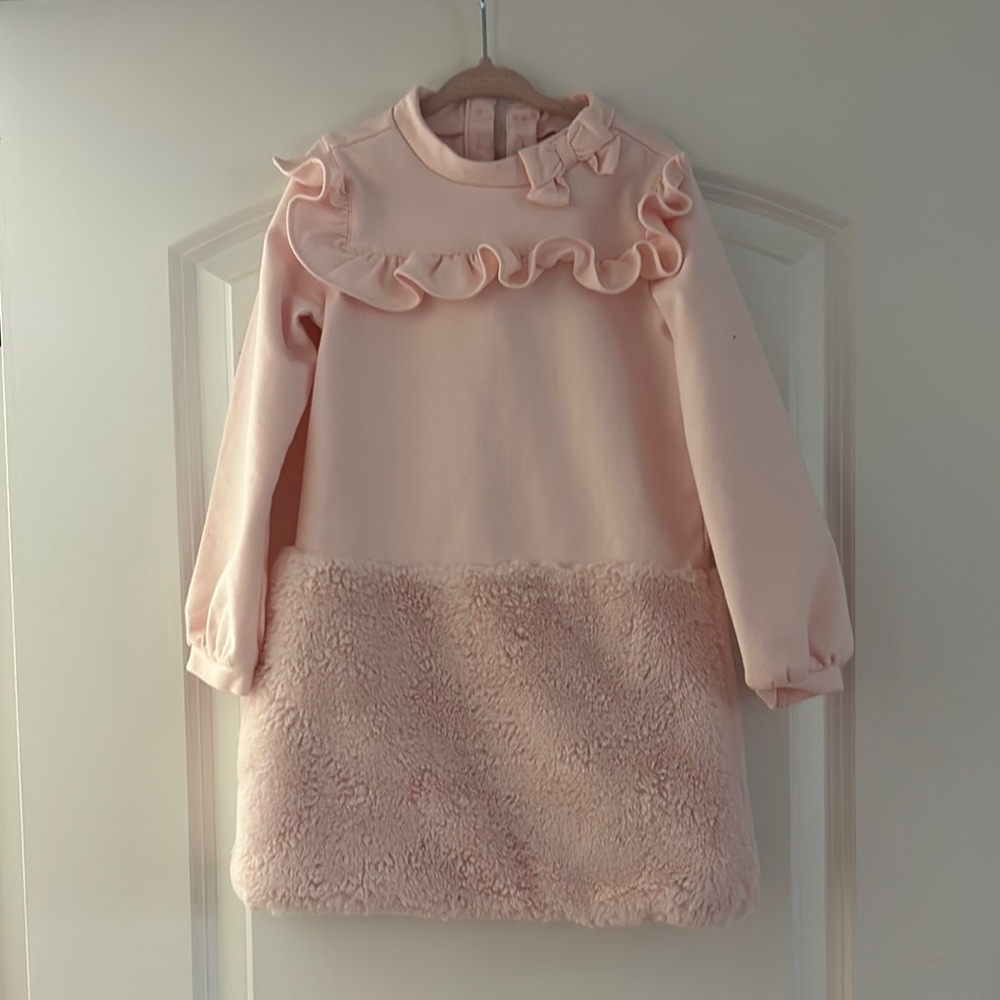 Janie and Jack Pink Ruffled Kids Dress with Plush Fur Bottom